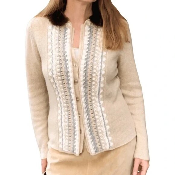 Vintage Talbots Boho Oatmeal Viscose Nylon Lambswool Angora Cashmere Cardigan S - Picture 1 of 11
